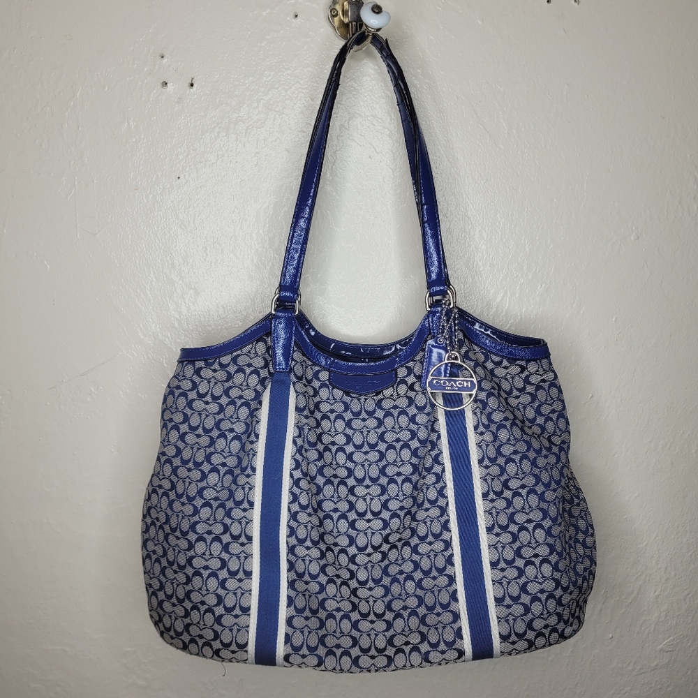 Coach Devin Signature Stripe Blue Multi Canvas Tote